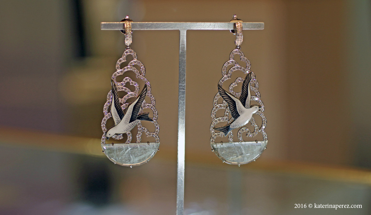 Ilgiz Fazulzyanov Seagull earrings with aquamarines, diamonds and enamel