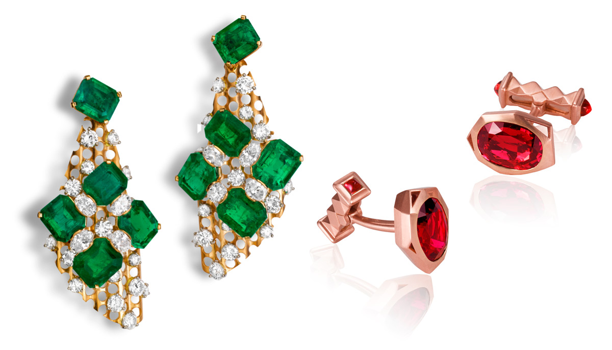 Left: La Danse earrings by Alexandre Reza featuring 10 Colombian emeralds weighing 36.11 carats and 8 oval-cut diamonds 3.70 cts surrounded by brilliants of 7.13 cts; Right: cufflinks with 2 Burmese oval spinels totalling 8.4 cts and 4 sugar-loaf spinels totalling 0.83 cts set in brushed pink gold