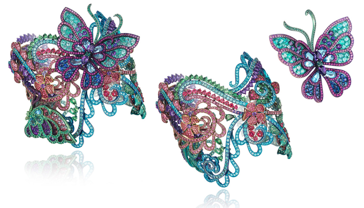 Chopard Flora and Fauna bracelet in 18K white gold and titanium with amethyst, emerald, tourmaline Paraiba, ruby, red spinel and tsavorites