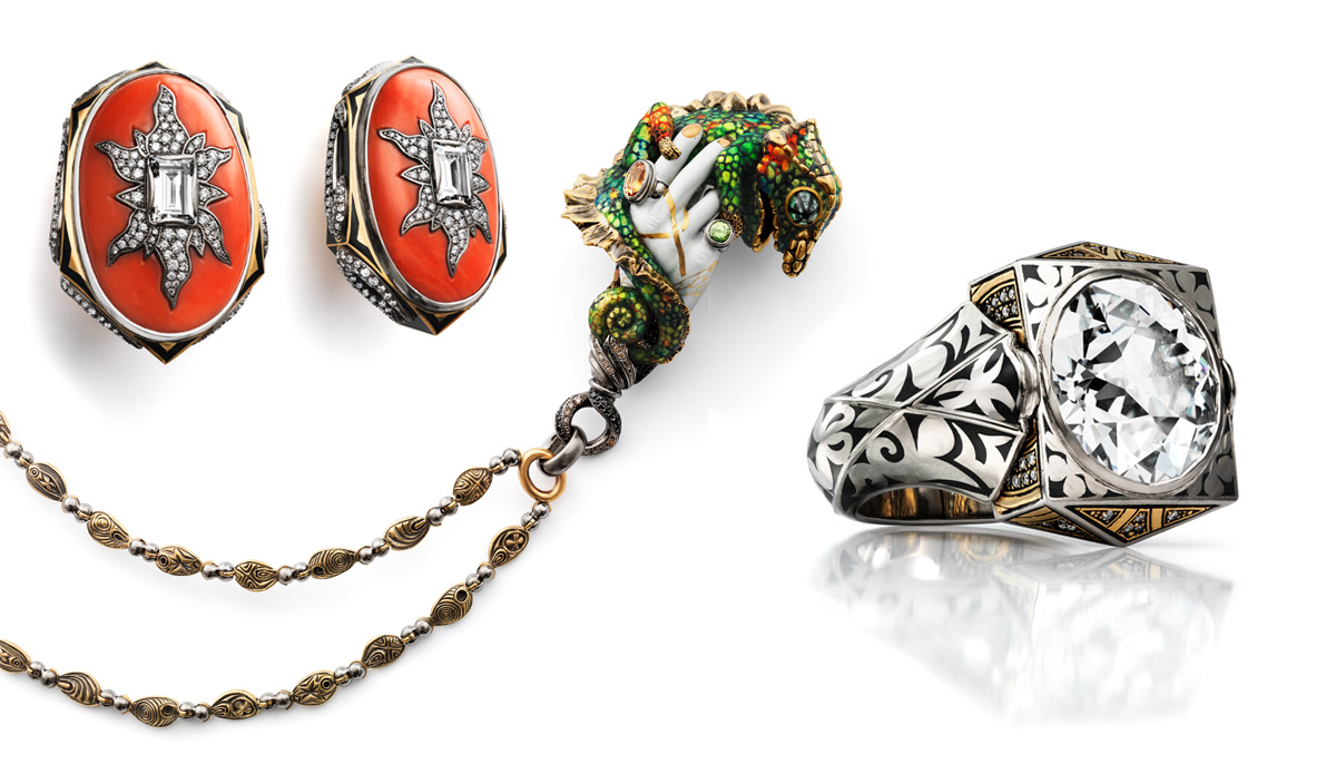 From left to right: Otto Jacob Korol earrings with coral, diamonds and vitreous cloisonné enamel, 2016; Hand With Panther Chameleon pendant in gold with brown and black diamonds, mandarin garnet, demantoids, trapiche emeralds rock crystal and vitreous enamel, 2016; Mjölnir ring with 6,32 cts diamond gold and enamel, 2016