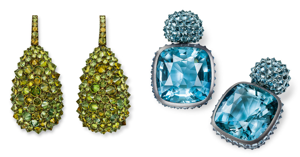 Hemmerle earrings paved with gemstones set in reverse