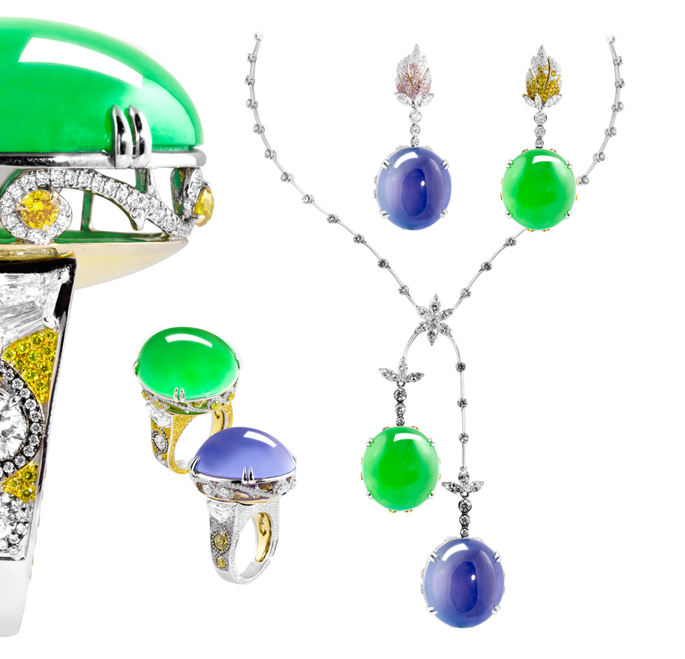 Alessio Boschi green and lavender jade rings with removable gems that can be worn on a necklace or earrings