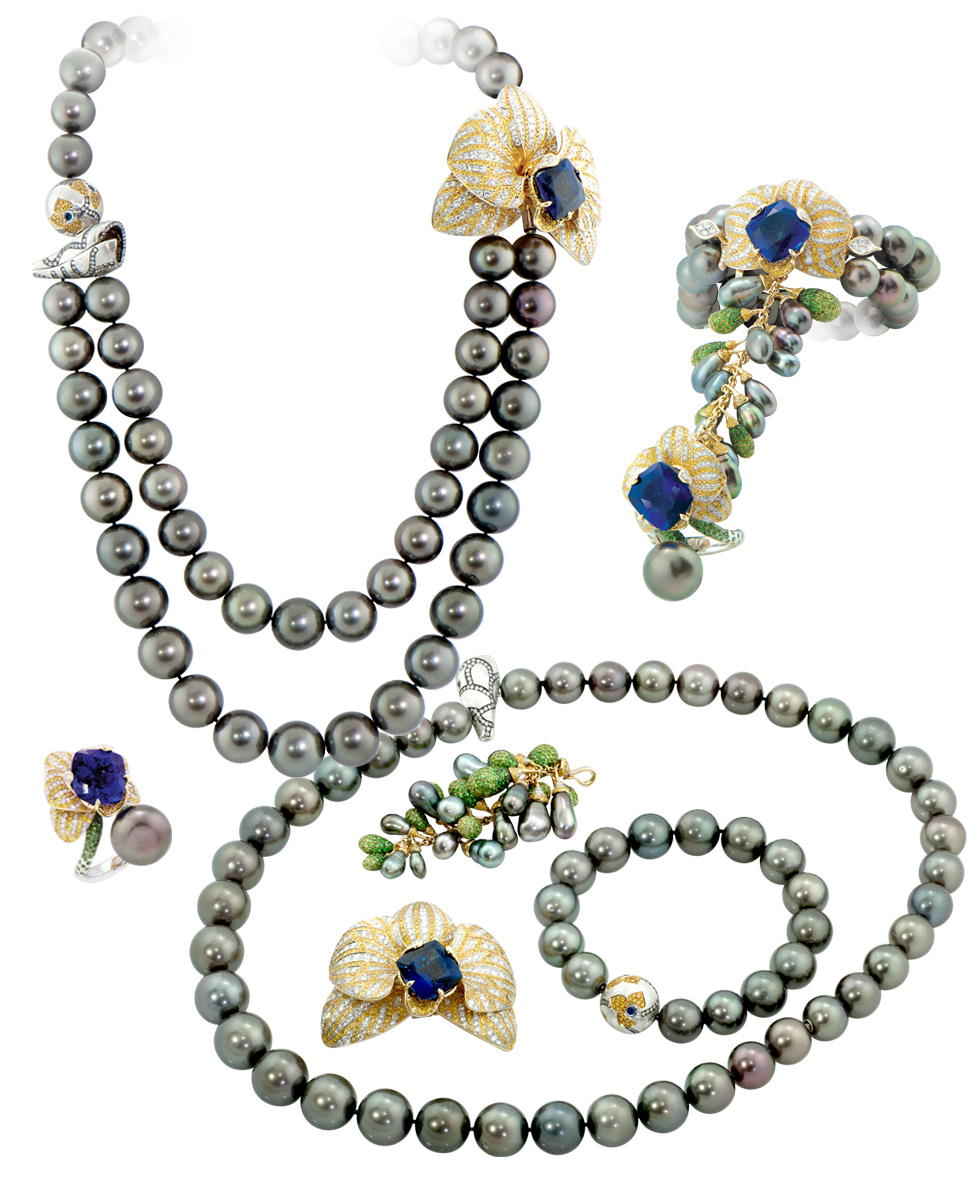 Alessio Boschi Orchidee Royal set with Tahitian pearls, tanzanites and diamonds. The necklace and bracelet are transformable