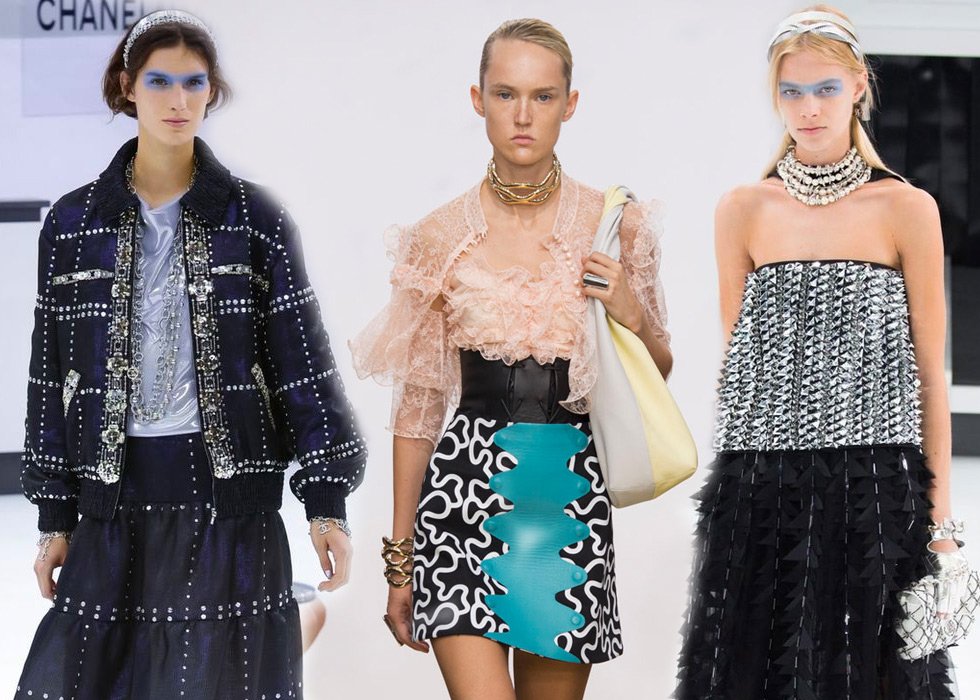 These models exemplify volume created via layering jewellery in Spring – Summer 2016. From left to right: Chanel layered sautoirs, J.W. Anderson wave chocker, Chanel 4-string choker
