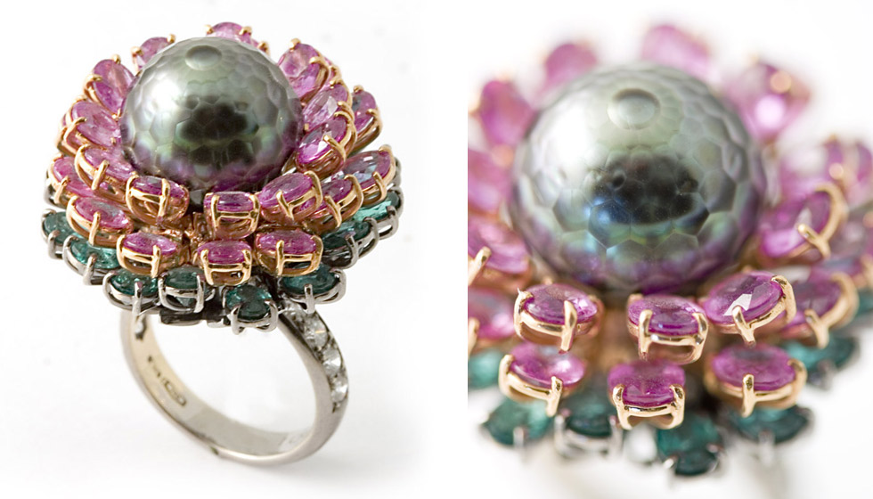 Nardi Ninfea ring set with sapphires and a faceted pearl
