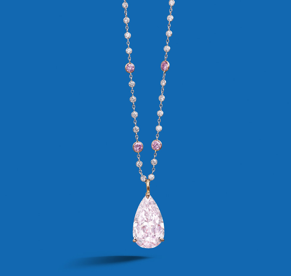 An important fancy colour diamond pendant. The pear-shaped fancy light purplish pink diamond, weighing 9.21 carats, suspended from a chain necklace accented by brilliant-cut diamonds of purplish pink tint and similarly cut colourless diamonds (approximately 3.15 cts total). Est. $ 1.5 million – $ 1.9 million