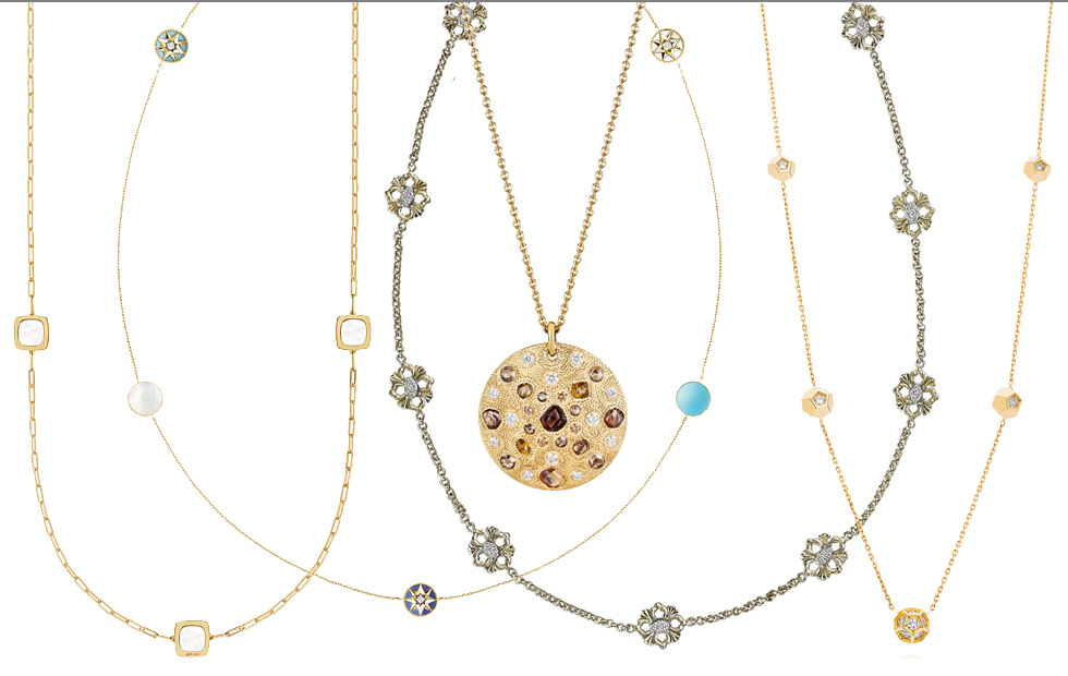 From left to right: Dinh Van Impression sautoir in yellow gold; Dior Rose des Vents sautoir in yellow gold with lapis lazuli, turquoise and diamonds; Buccellati Opera necklace in yellow gold and diamonds; De Beers Talisman long necklace in yellow gold with multicoloured diamonds;  Ornella Iannuzzi RockIt! sautoir in yellow gold and diamonds.