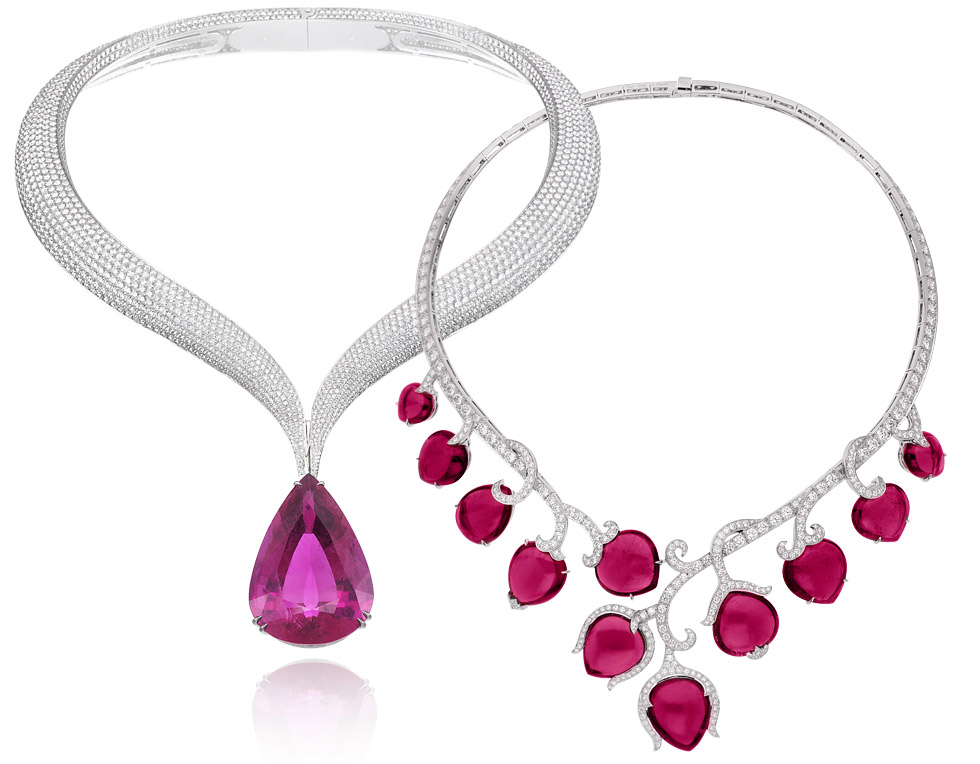 Left: Chopard rubellite and diamonds necklace from the Red Carpet collection; Right: Van Cleef&Arpels Boboli necklace with cabochon rubellites and diamonds