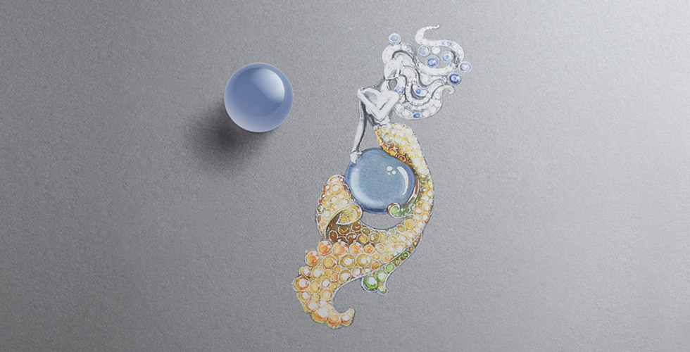 Van Cleef&Arpels Fee De Mers clip with diamonds, blue and yellow sapphires, spessartite and grossular garnets and a 23.64 cabochon cut chalcedony