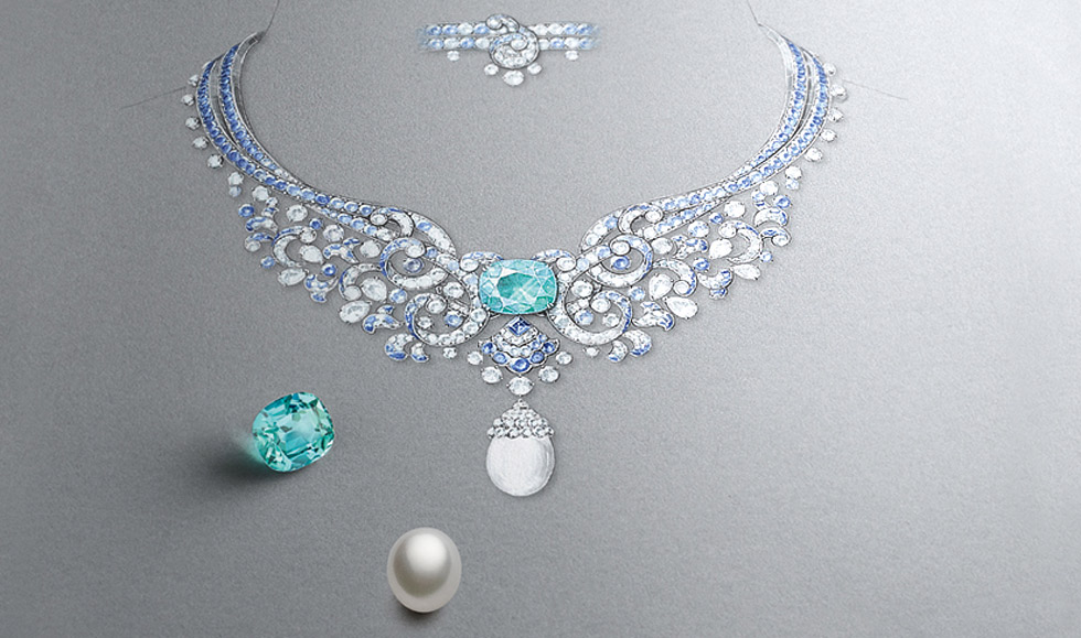 Van Cleef&Arpels Clapotis necklace with diamonds, sapphires a cultured pearl and a 15.73 cts mint tourmaline