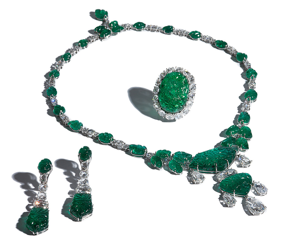 Bayco Carved Emerald Set set consisting of necklace, earrings, and ring made of mogul hand carved emeralds and rose-cut diamonds