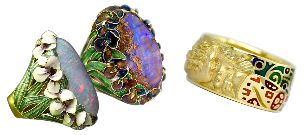 LEFT: Ilgiz F. Iris rings inspired by the flowers from Monet paintings; RIGHT: Cellini studio ring inspired by Gustav Klimt’s painting