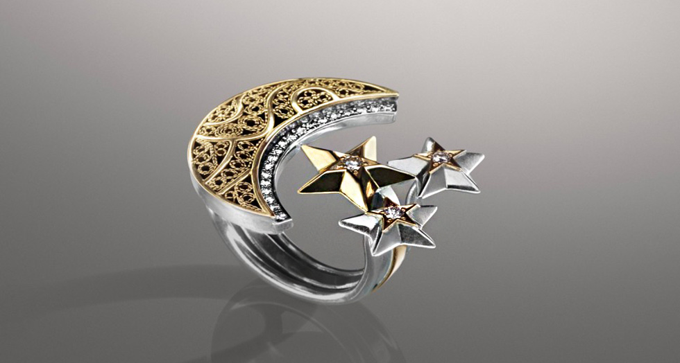 Azza Fahmy Diamond Crescent Star ring in gold and silver