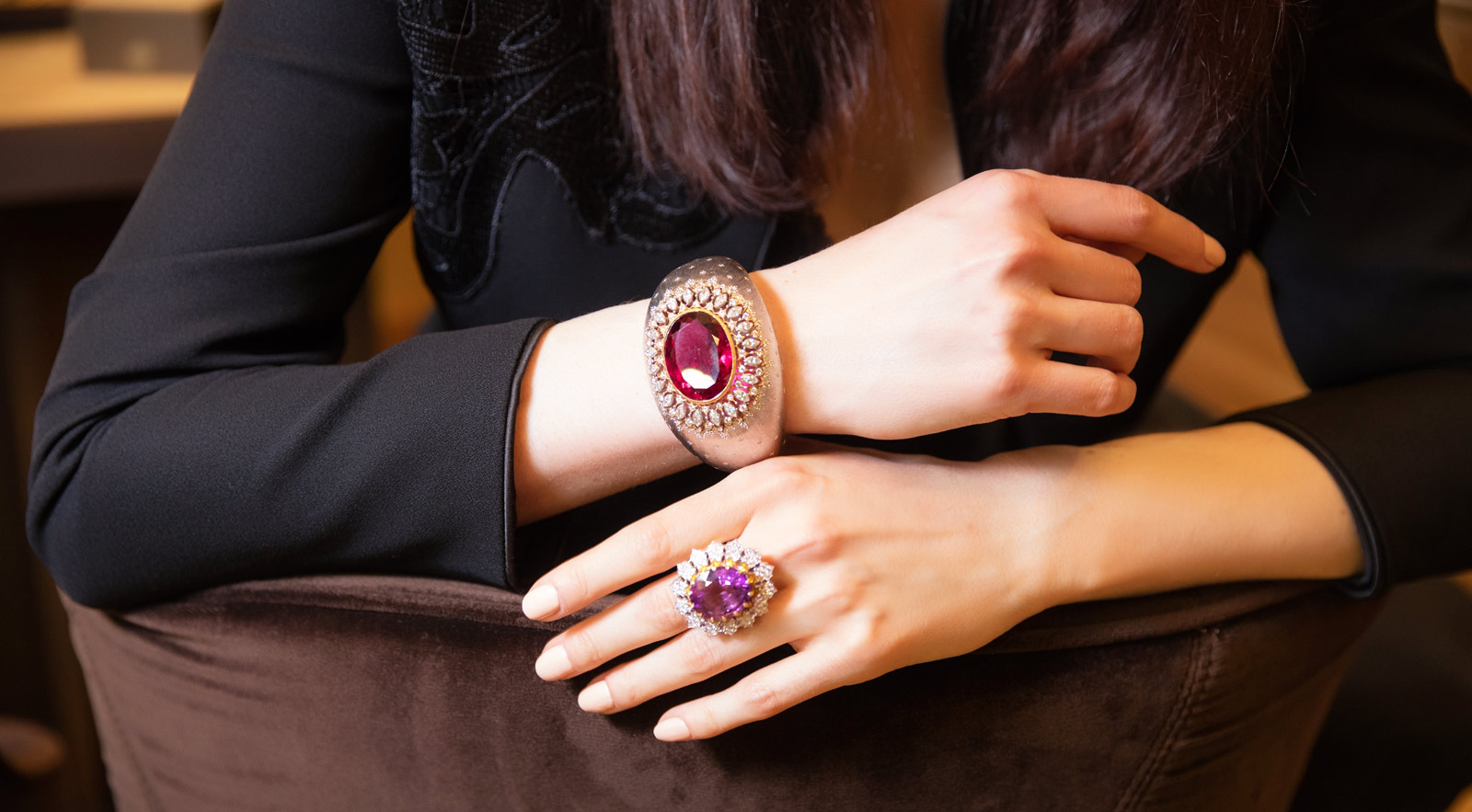 Buccellati rubellite cuff bracelet and kunzite ring. Photographer: Simon Martner