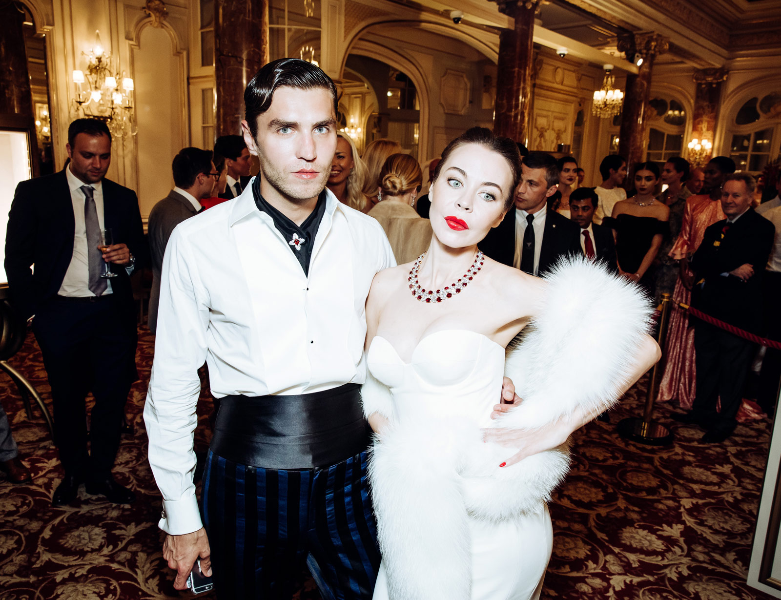 Frol Burimskiy and Ulyana Sergeenko wearing The Imperial Necklace with 50 Burmese Rubies and top quality diamonds