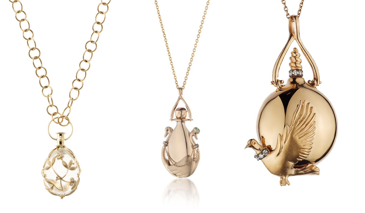 Left: Temple St Clair Vine Amulet; right: Melie Jewellery pendants in yellow and rose gold from Scent of Love collection