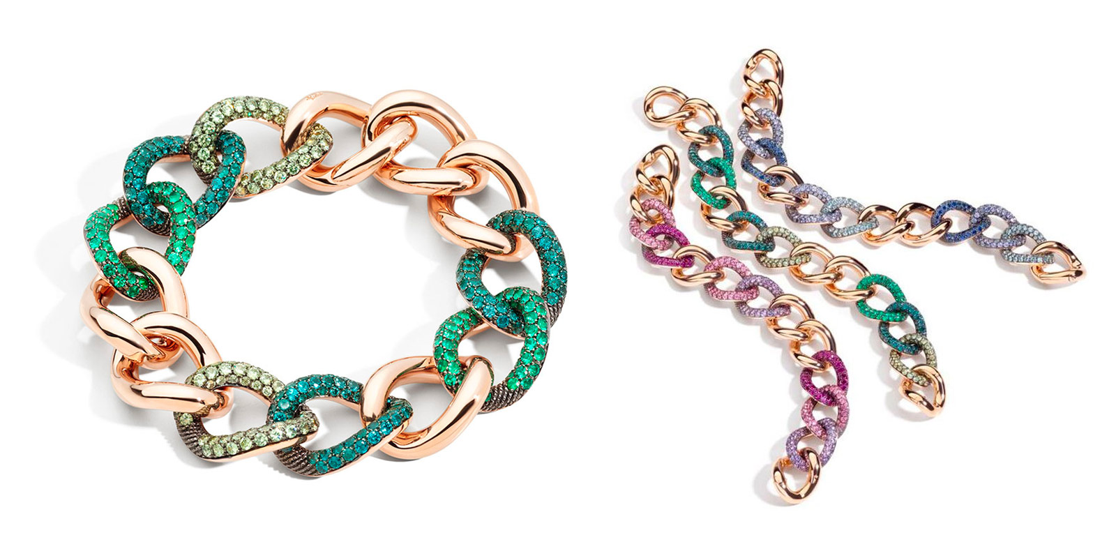 Emerald and sapphire Tango chain bracelets by Pomellato