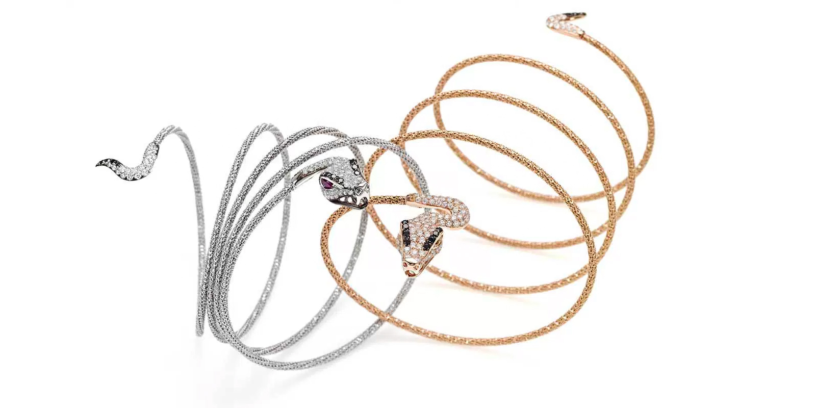 Giovanni Ferraris Snake bracelets in white and rose gold with diamonds