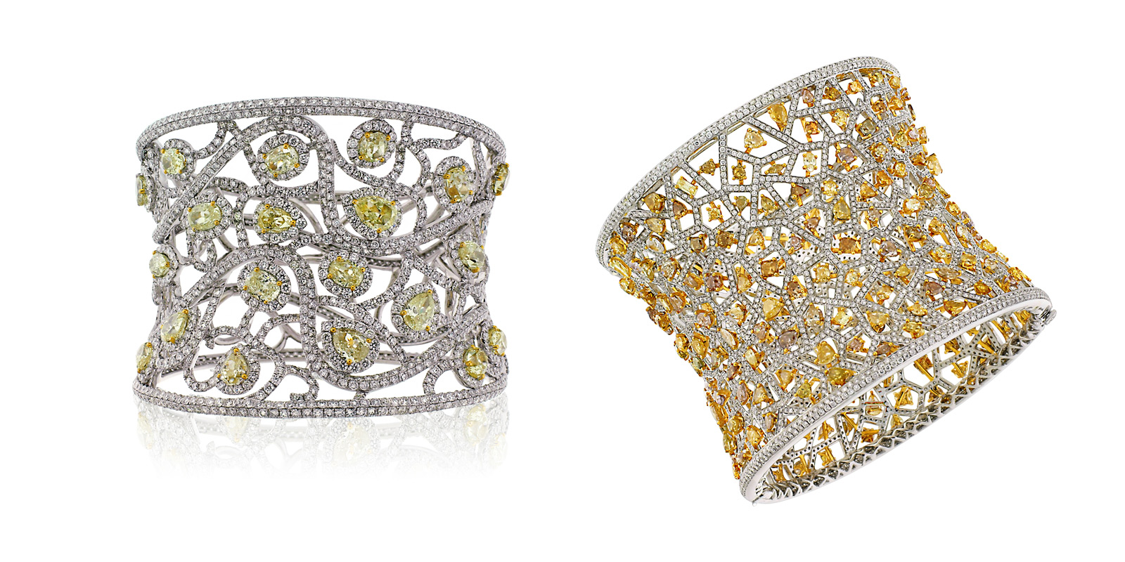Avakian cuff bracelet in white gold with colourless and yellow diamonds