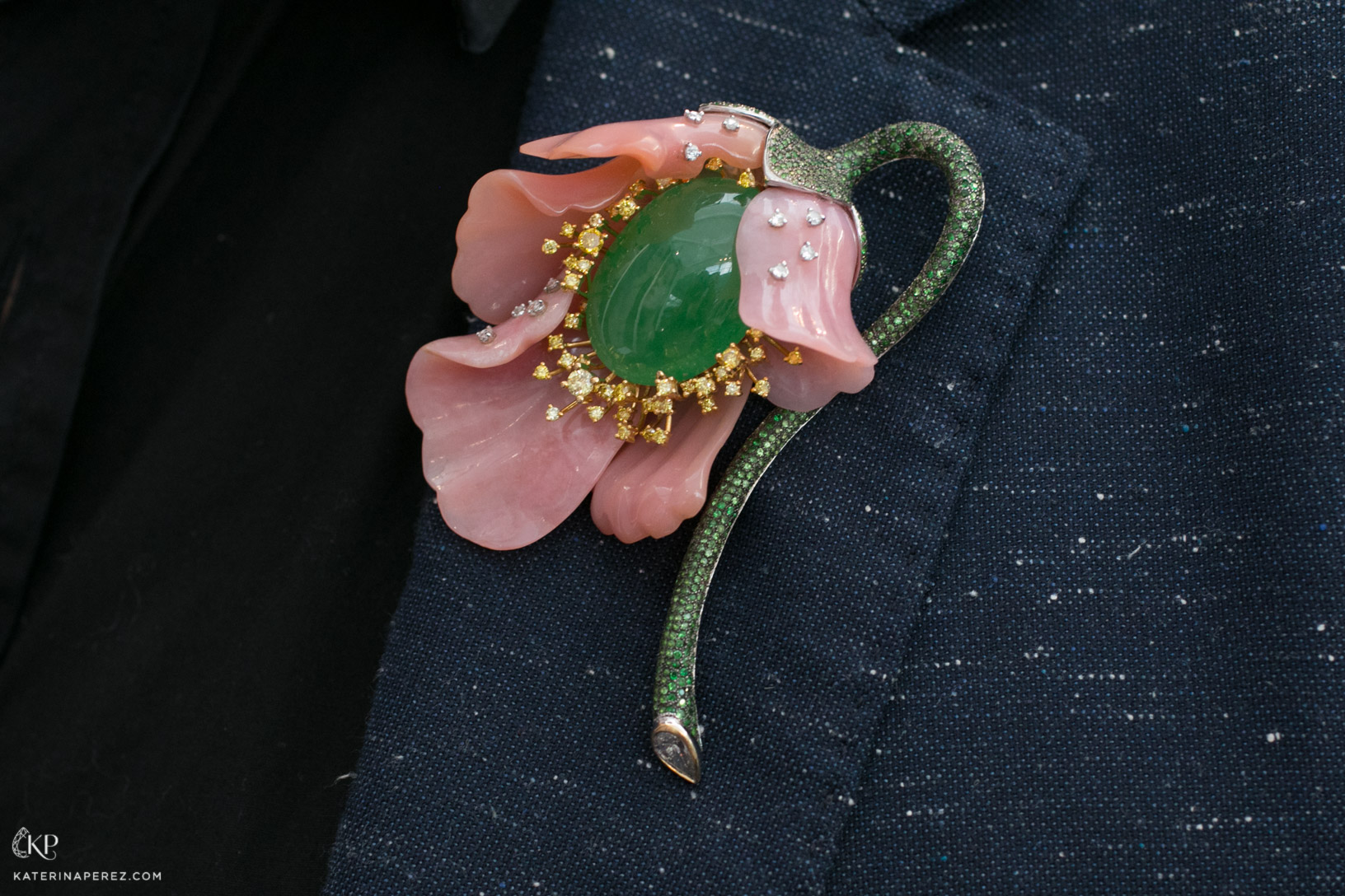 Fei Liu Poppy brooch with pink opal, jade and diamonds