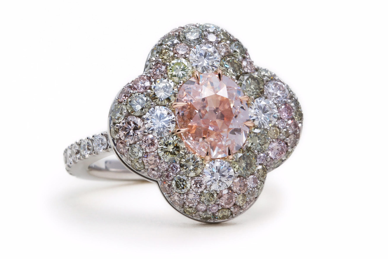 David Michael flower ring with an antique pink diamond ring, green and colourless diamonds 