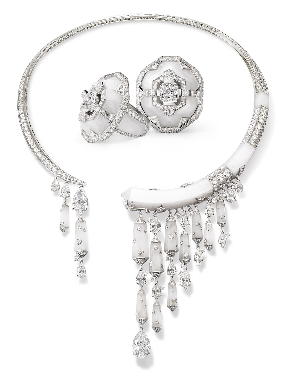 Chaumet Lumieres d’Eau high jewellery necklace and earrings in white gold, frosted rock crystal and diamonds