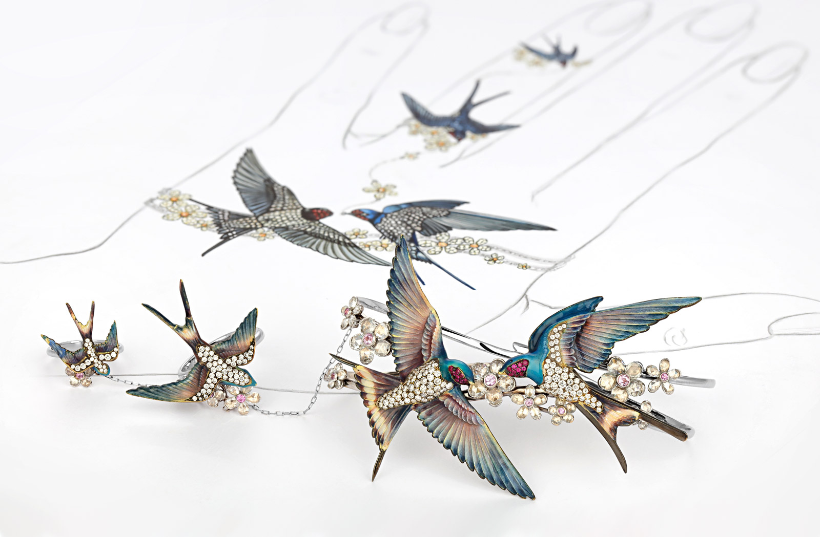 Liza Borzaya Swallows palm bracelet with hot enamel and diamonds