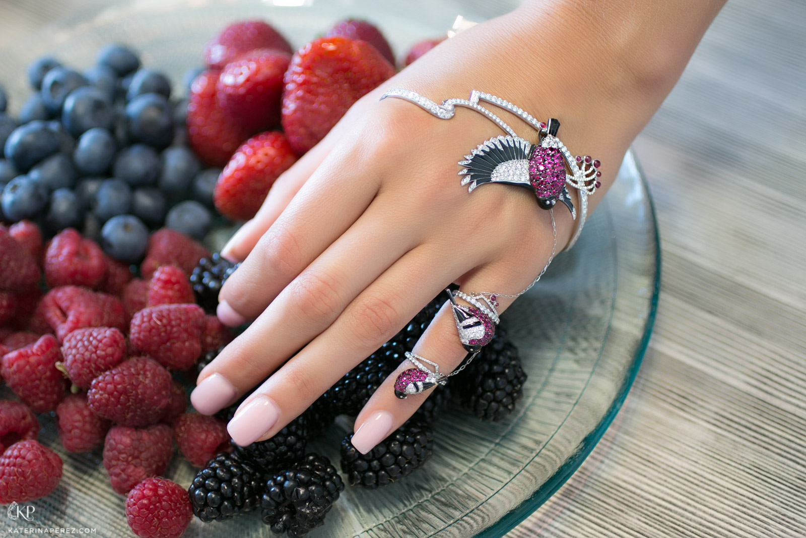 Liza Borzaya Bullfinches palm bracelet with rubies, diamonds and hot enamel