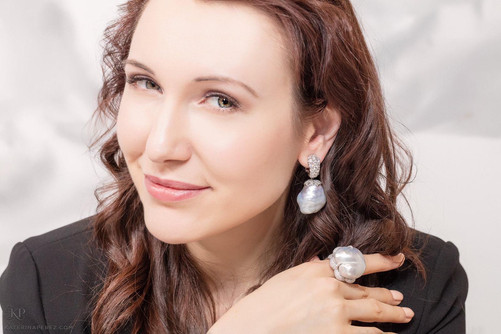 Assael rare Baroque pearl earrings and ring with diamonds. Photo by Simon Martner
