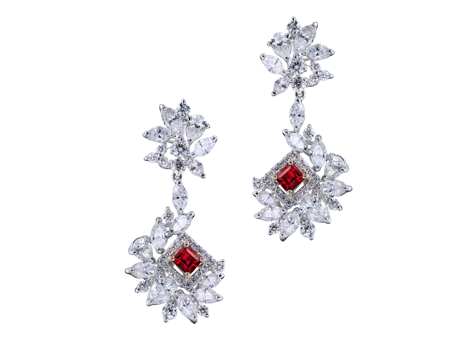 Caratell 0.41ct Bixbite / Red beryl and 4.01ct Diamond drop earrings from 'Sun Ray' collection