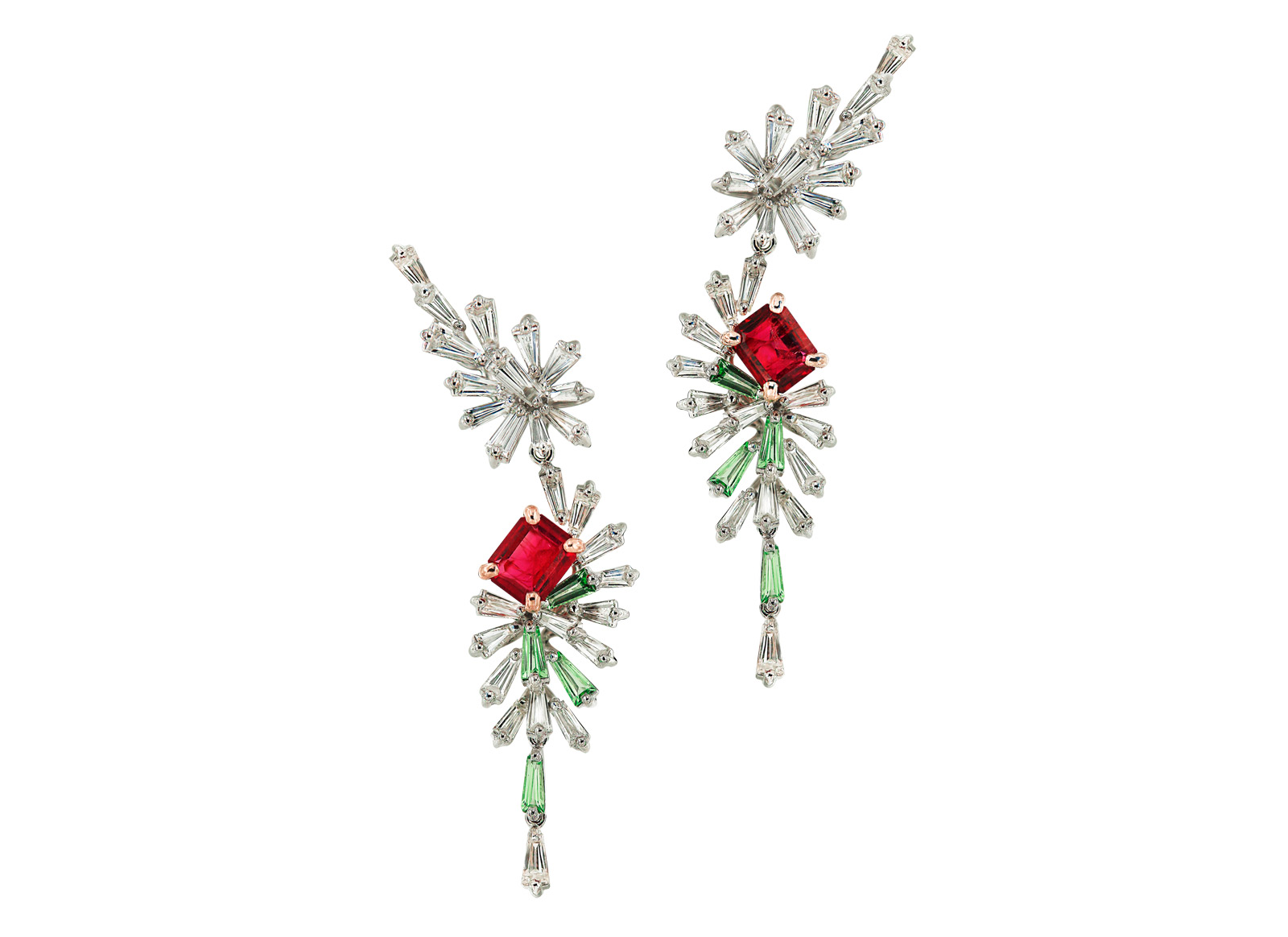 Caratell Bixbite / Red beryl, Green Garnet and Diamond drop earrings from 'Firework' collection