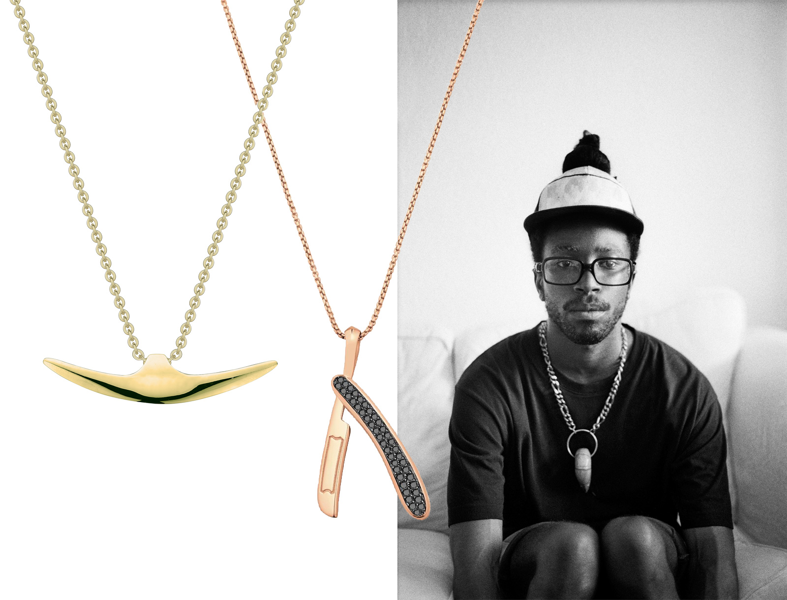 From left to right: Shaun Leane yellow gold necklace and Stephen Webster rose gold Switchblade necklace with black diamonds. Photo on the right by Ross Trevail from the Tomfoolery series