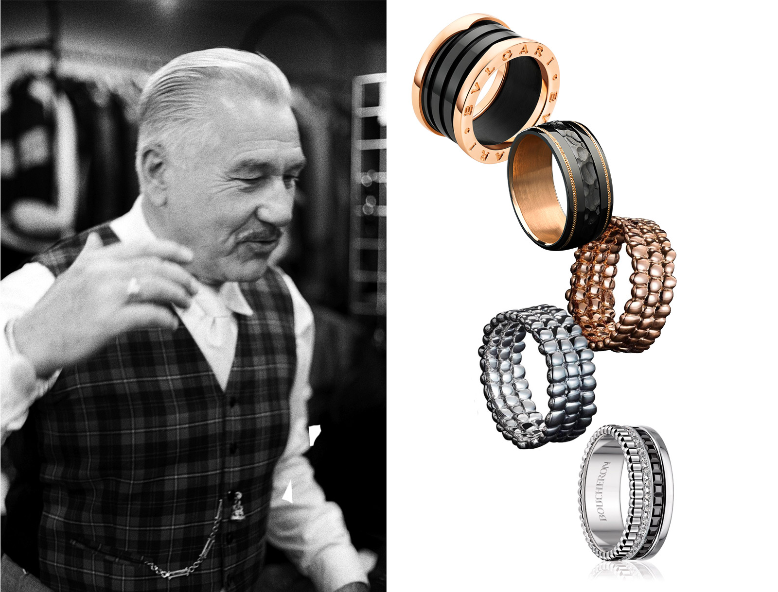From top to bottom: Bulgari B. Zero men's ring, Zoltan David knightsteel ring, Julien Riad Sahyoun rings in rose gold and white gold, and Boucheron Quatre stack ring with diamonds. Photo on the left by Ross Trevail from the Tomfoolery series