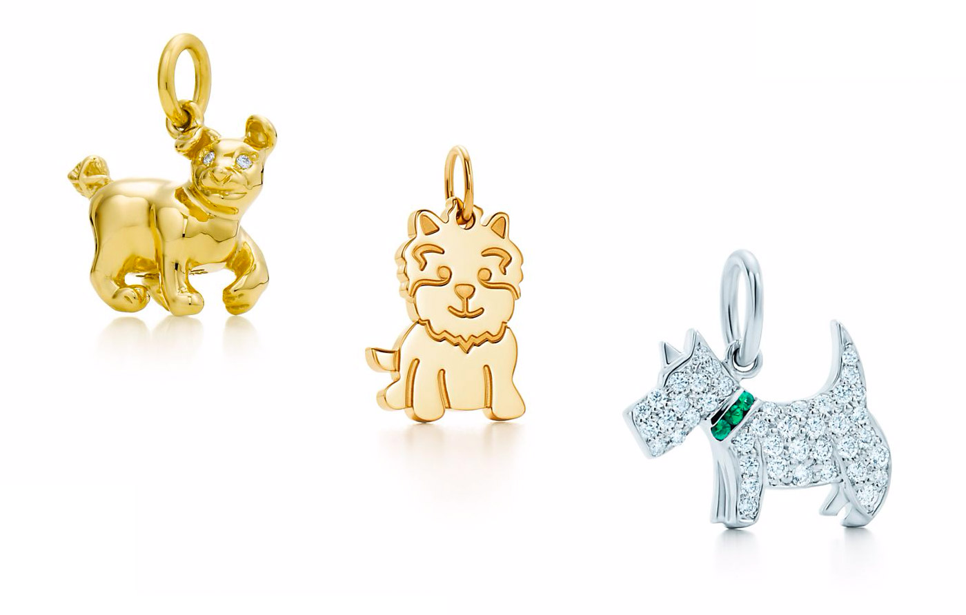 Tiffany&Co Paloma's Chinese Zodiac Dog Charm, New Yorkie charm in gold, Tsavorite Dog charm in white gold with diamonds 