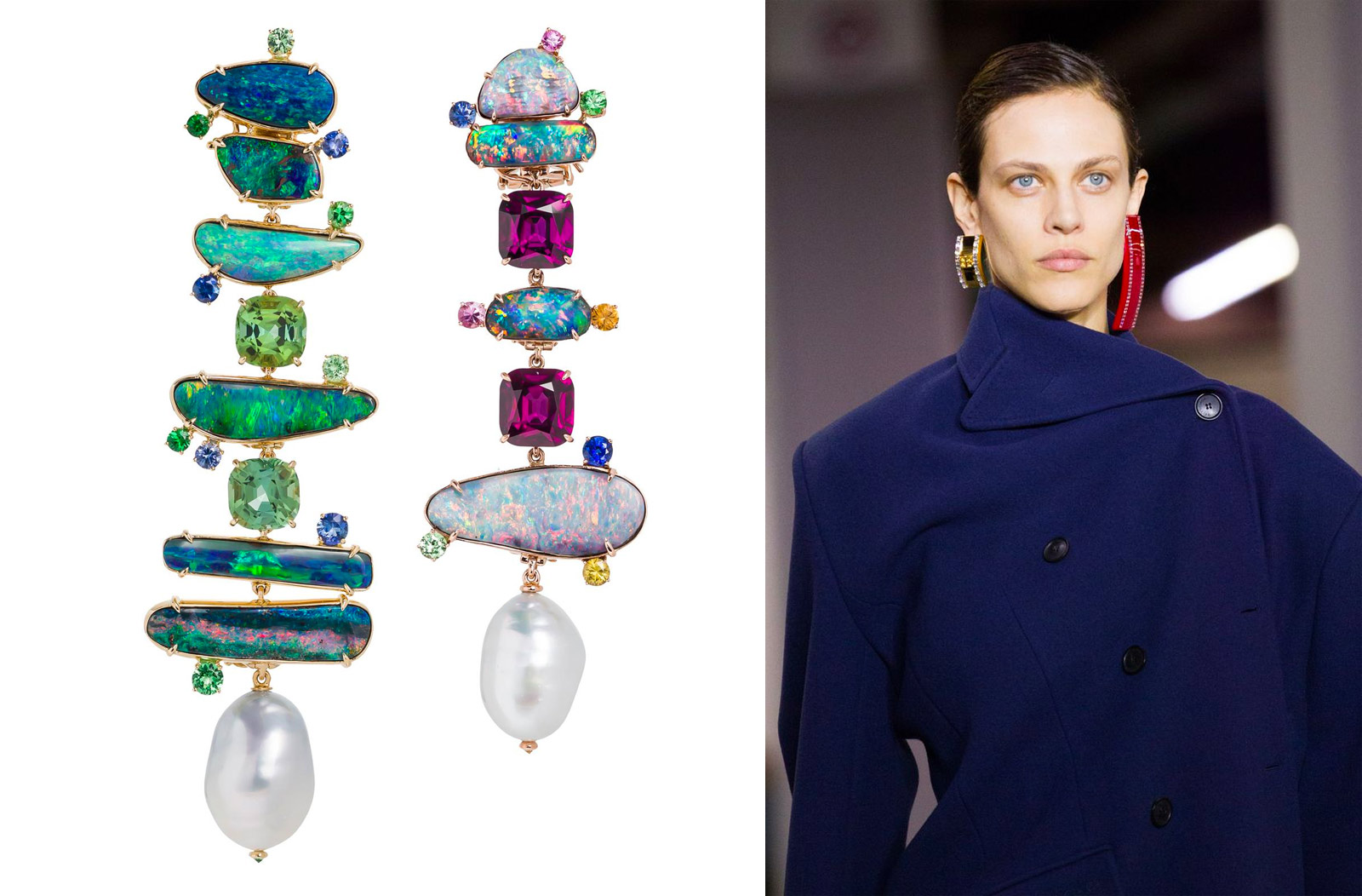 Margot McKinney opal and pearl earrings and Balenciaga Fall/Winter 2018 look