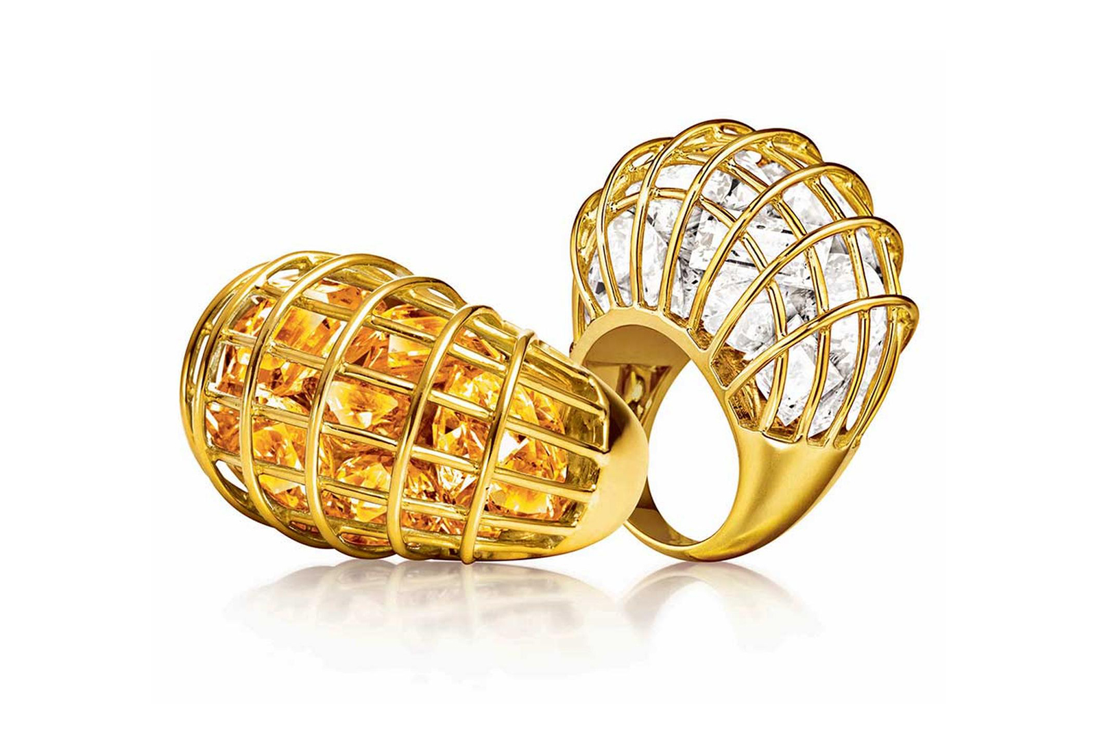 Veradura ‘Cage’ rings in 18k yellow gold, with citrine and rock crystal