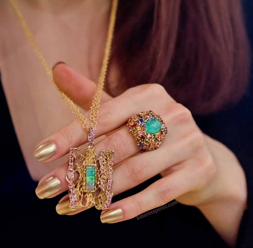 Mauro Felter gold necklace with an opal and a Paraiba tourmaline ring