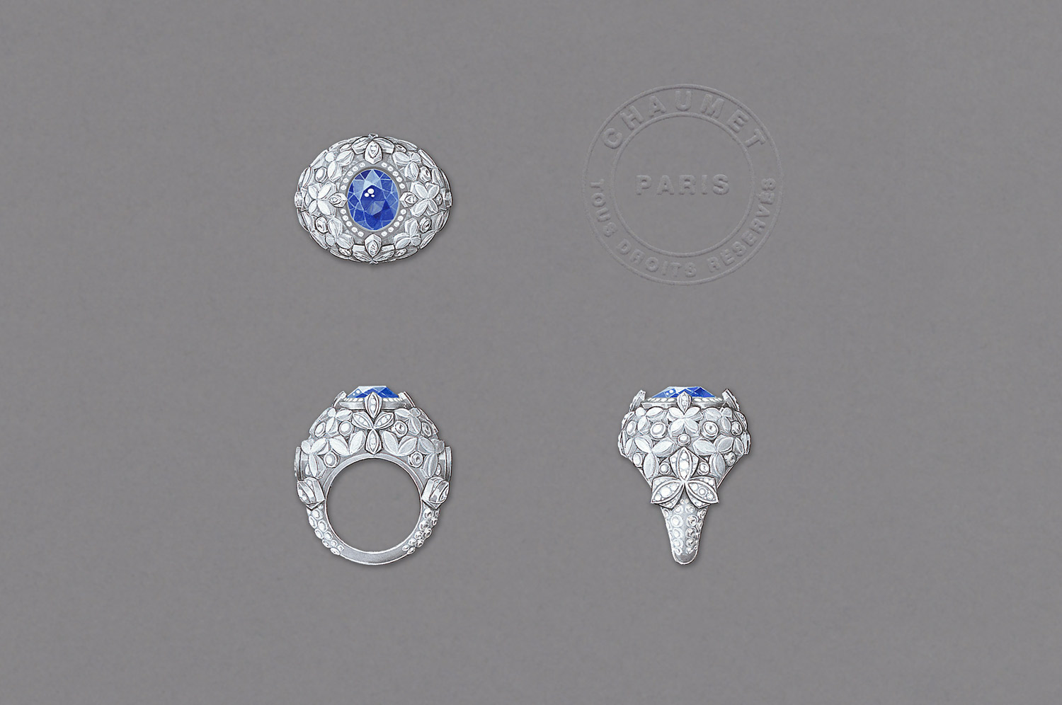 Chaumet ‘Promenades Imperiales’ collection ring in 18k white gold, set with a 5.08 ct Ceylon sapphire and diamonds