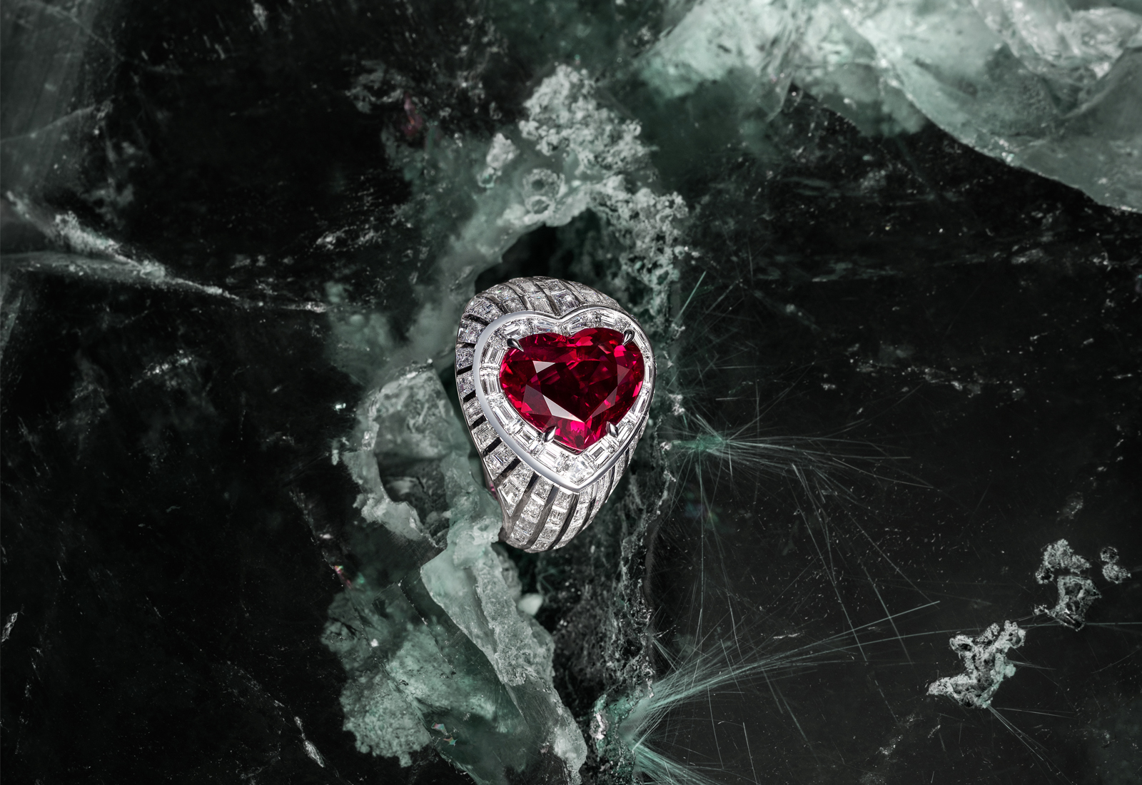 Maison Tabbah heart shaped ruby ring with baguette cut diamonds