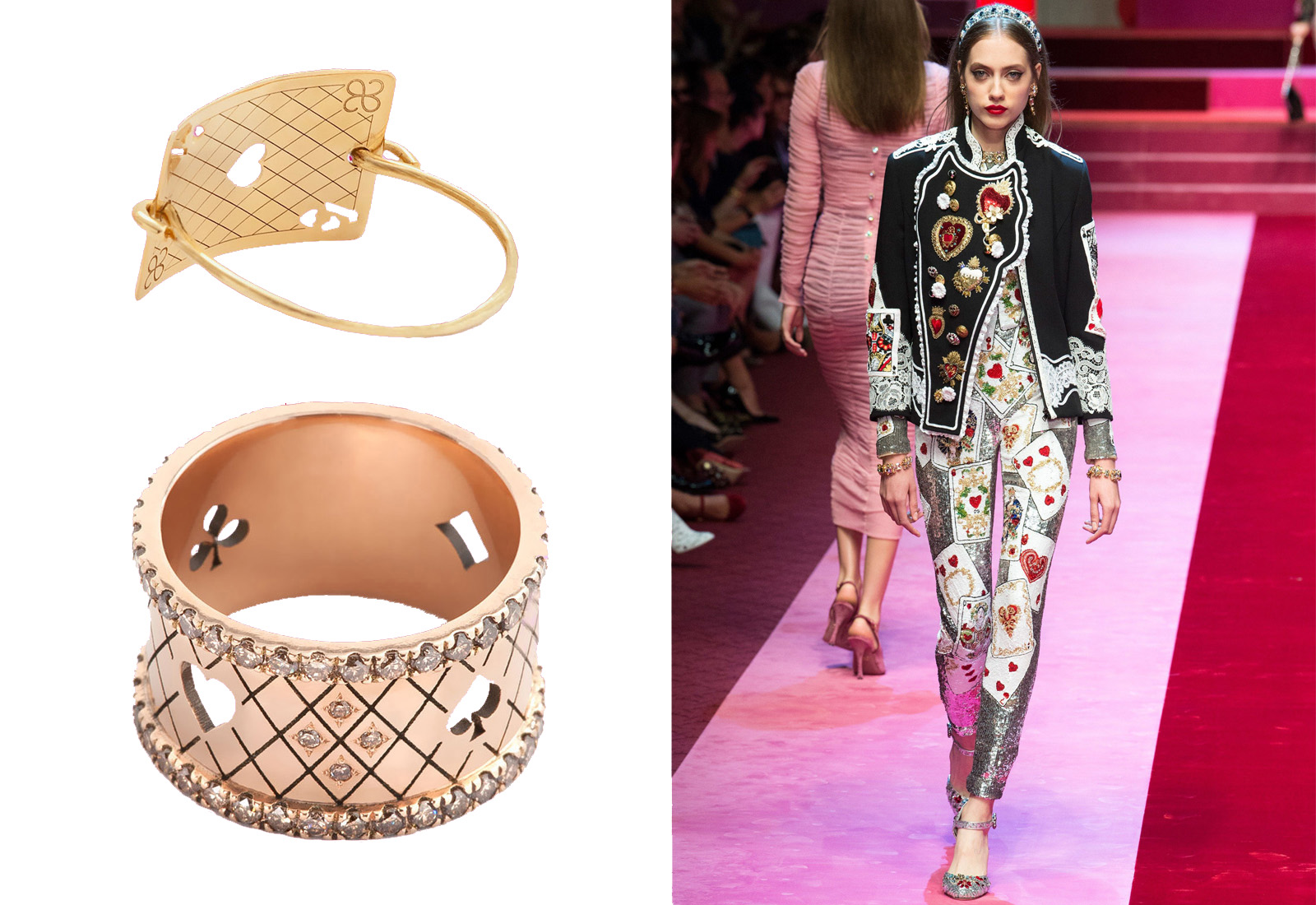 Кольцо 'Lucky' из розового золота с бриллиантами Julie Genét Joaillerie из коллекции 'Vegas' и кольцо из желтого золота 'Microvegas As De Carreau' / Dolce&Gabbana
