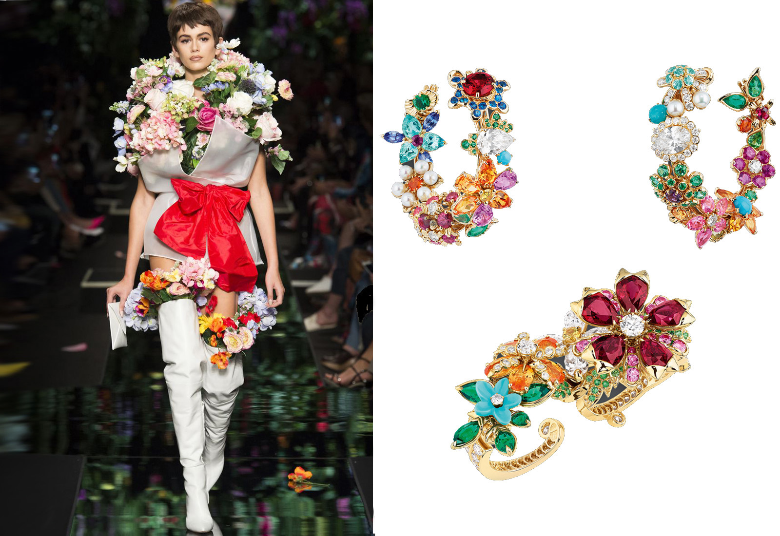 Moschino and Dior à Versailles 'Côte Jardins' double finger ring and 'Diamond Flower Garland' earrings