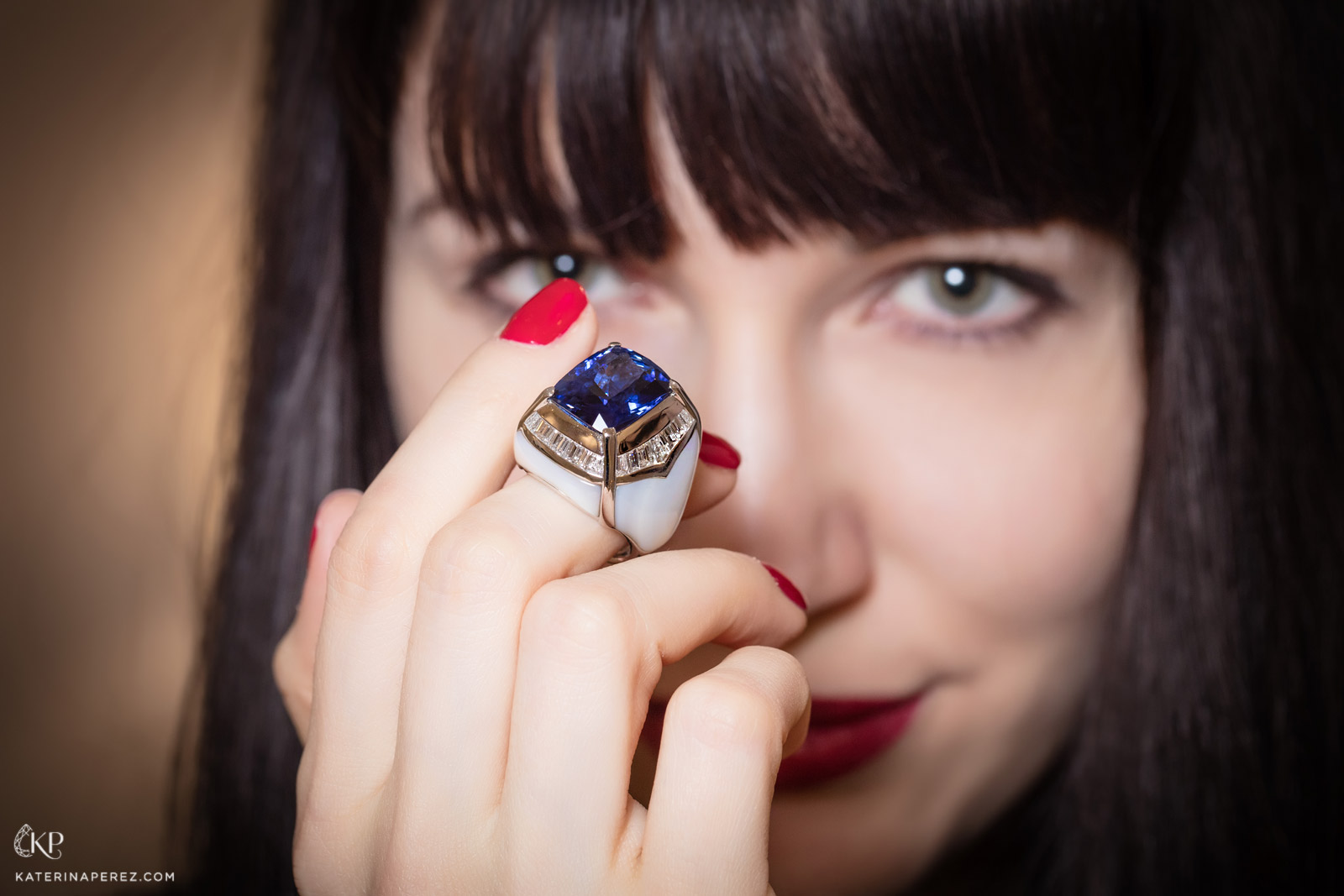 Veschetti ring with sapphires and diamonds inlaid into mother of pearl. Photo by Simon Martner for katerinaperez.com
