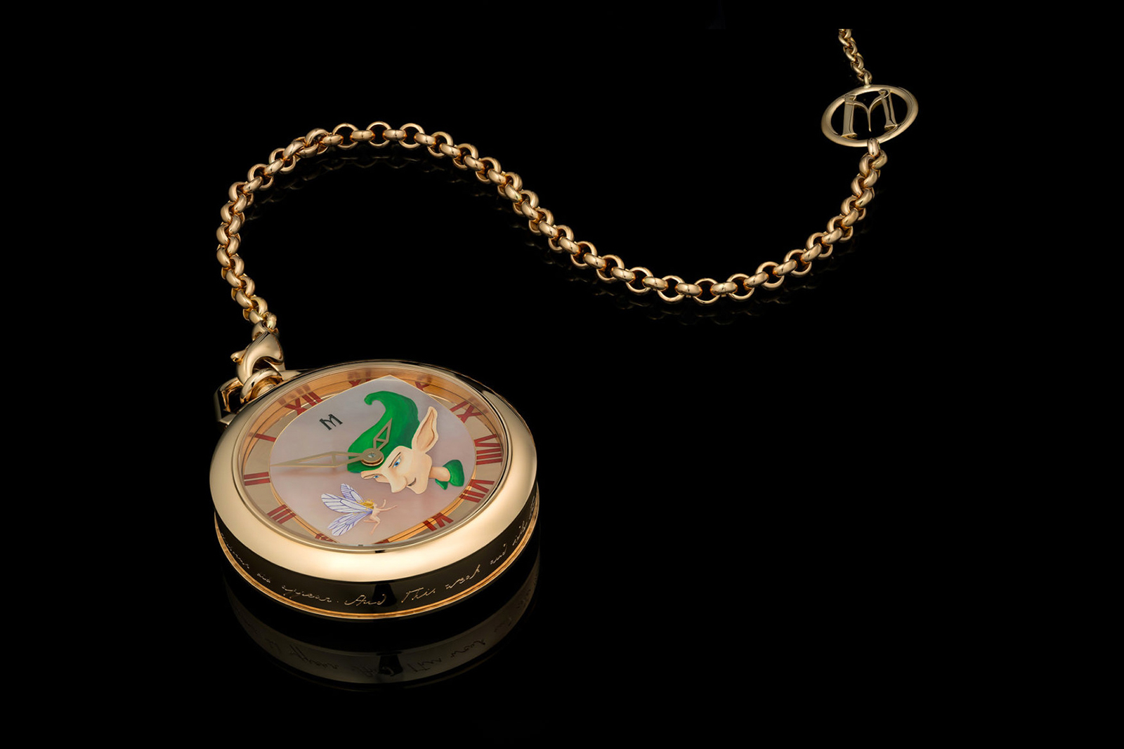 M Haute Joaillerie 'Puck' pocketwatch in 18k rose gold with cabochon emerald, and enamel painting on nacre