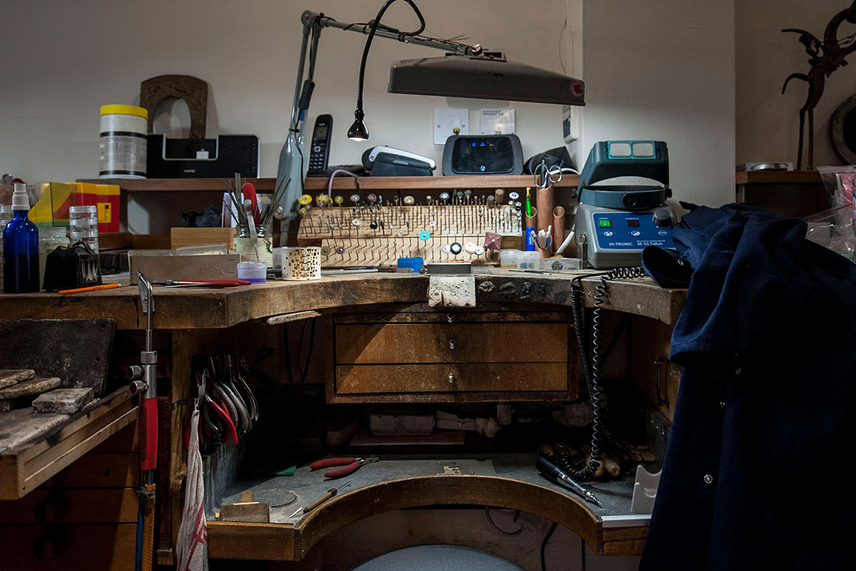 Philippe Pfeiffer's workbench at his London atelier