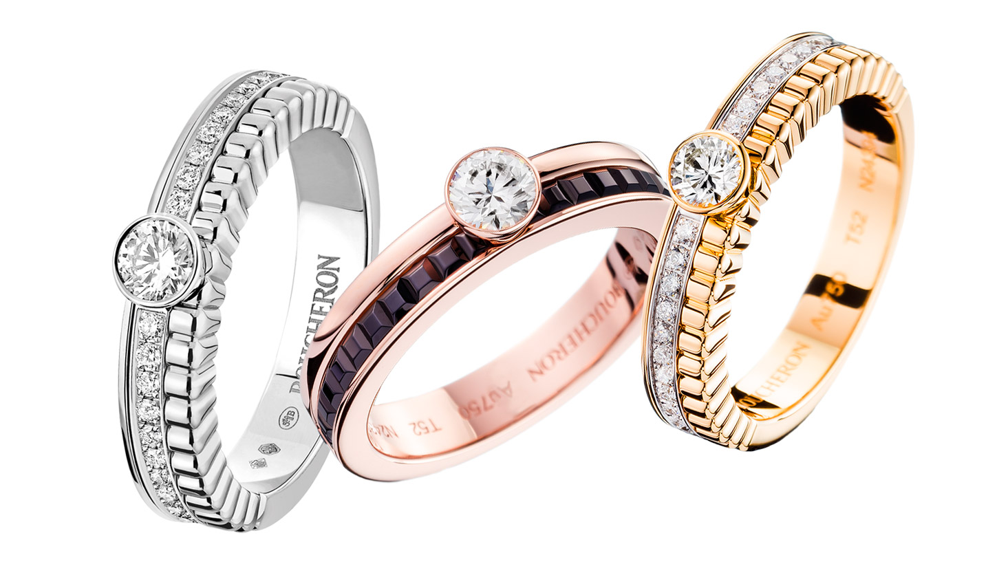 Boucheron 'Quatre Radiant' diamond engagement rings in white gold and yellow gold, with 'Quatre Classique' diamond engagement ring in rose gold with brown diamonds