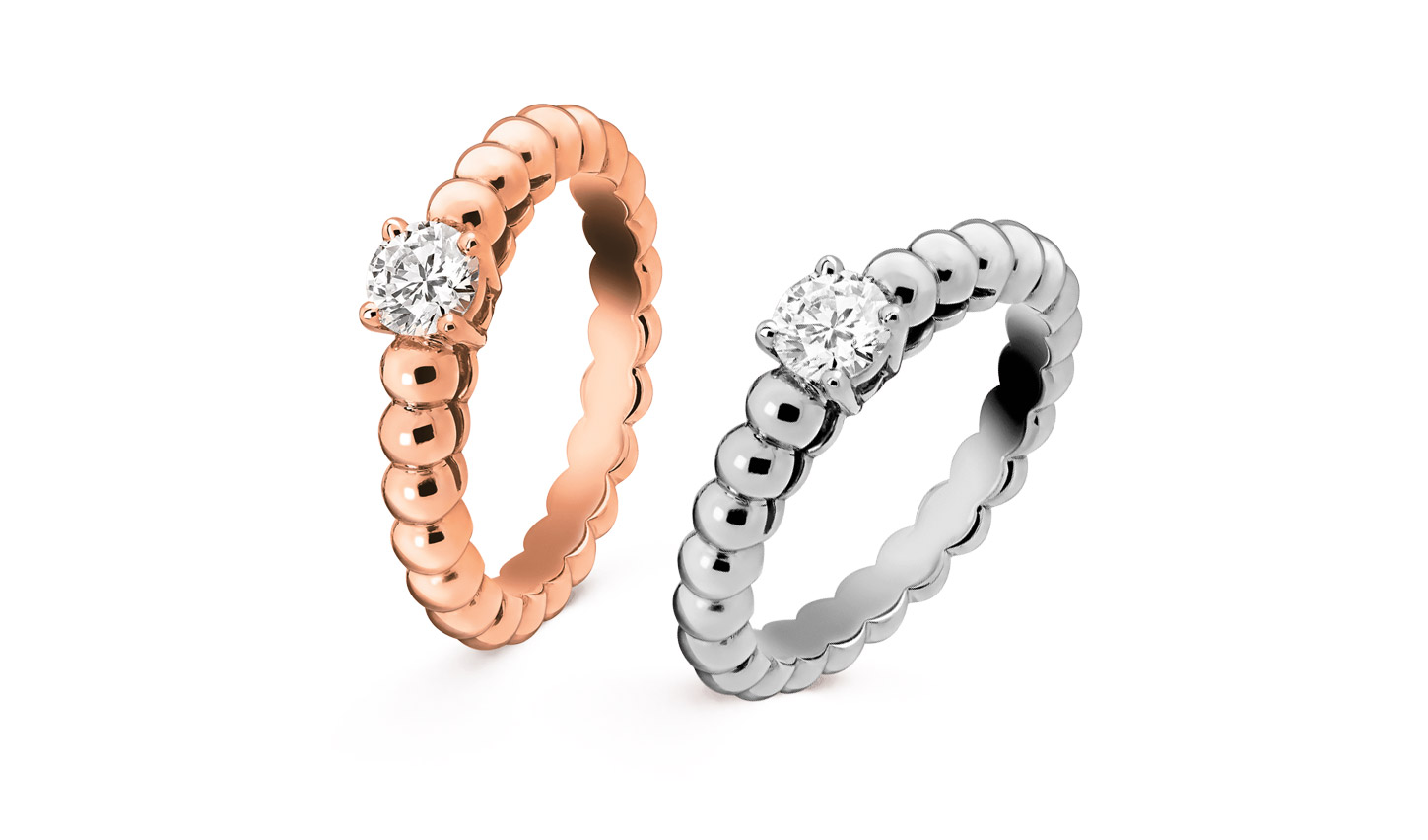 Van Cleef & Arpels 'Perlée solitaire' rose gold and white gold diamond engagement rings