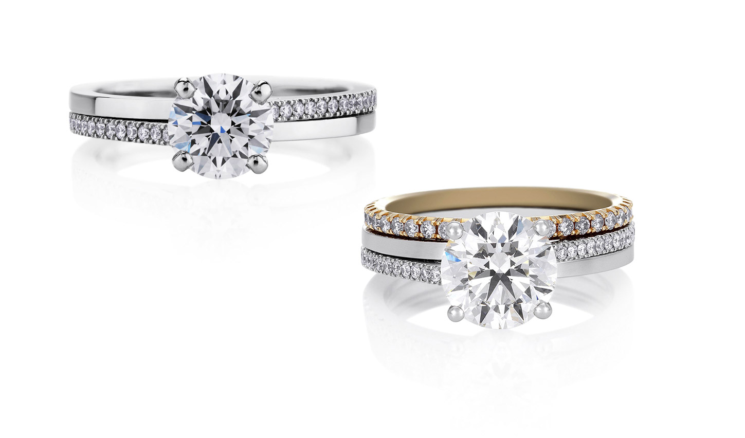 De Beers 'Promise' diamond engagement rings in white and yellow gold