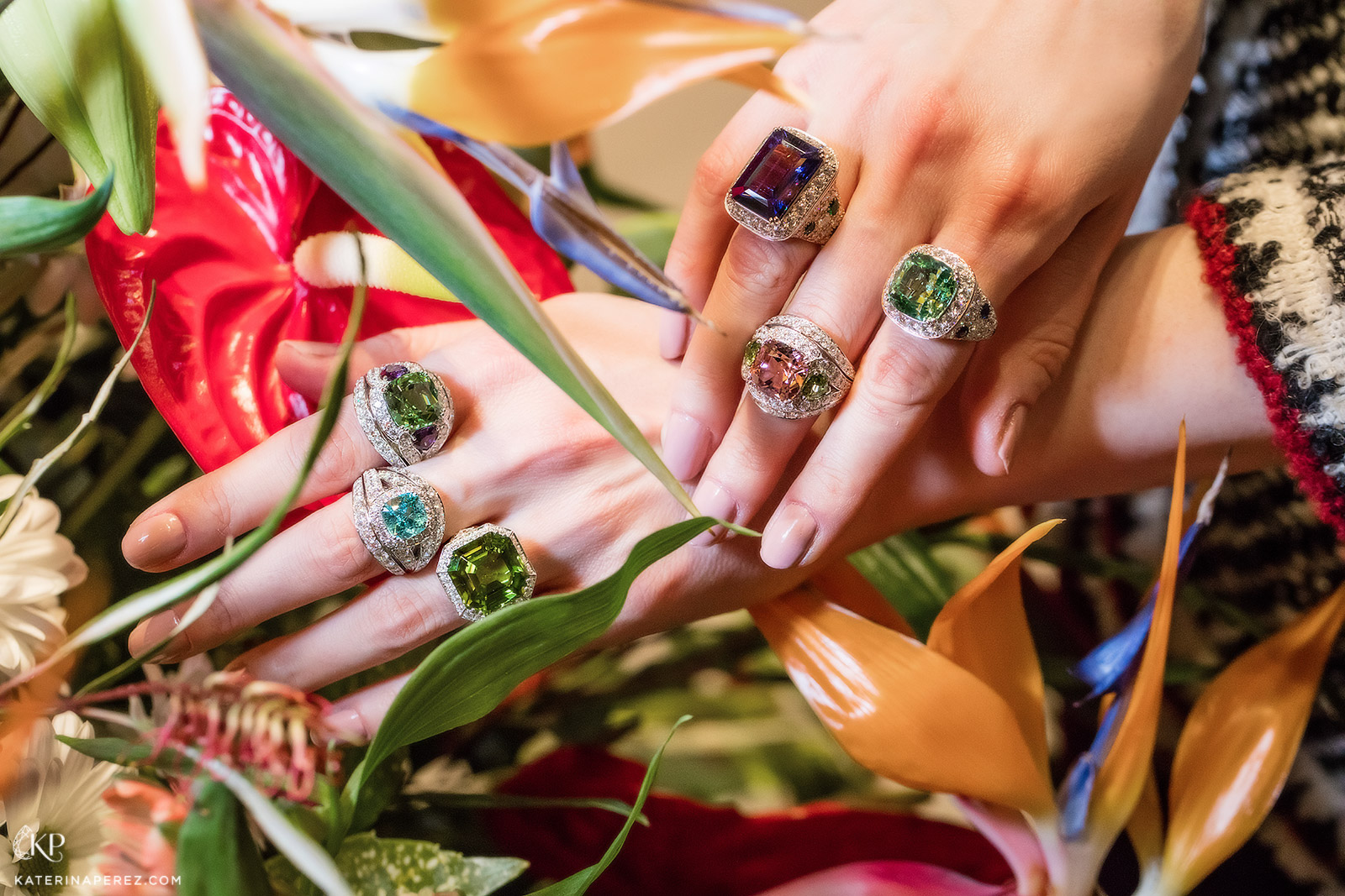 Picchiotti 'Essentially Colour' rings (clockwise from bottom left) peridot, Paraiba tourmaline, green tourmaline and amethyst, tanzanite and tsavorite, pink tourmaline and peridot, green tourmaline and sapphires - all accented by diamonds