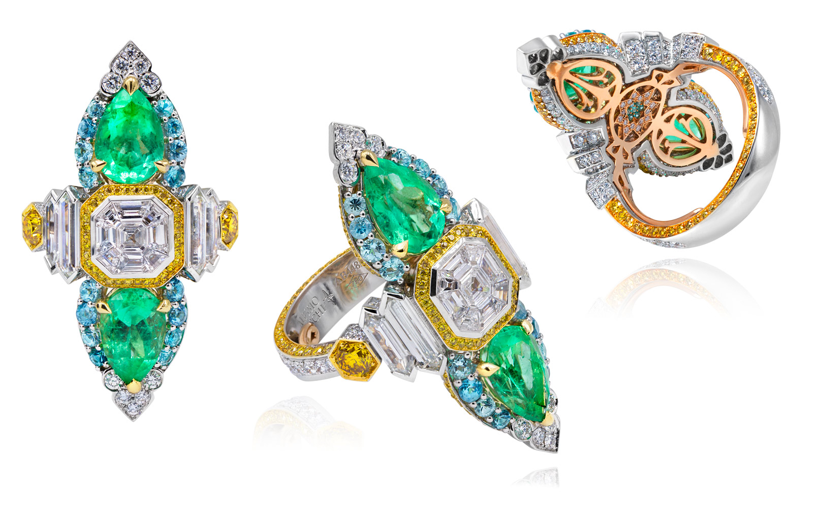 Alessio Boschi Peacock Dance ring with emeralds, diamonds and Paraiba tourmalines