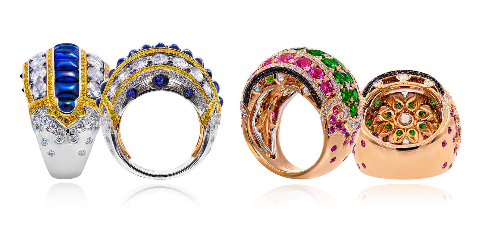 Alessio Boschi Peacock Dance rings in white an rose gold with coloured gemstones and diamonds